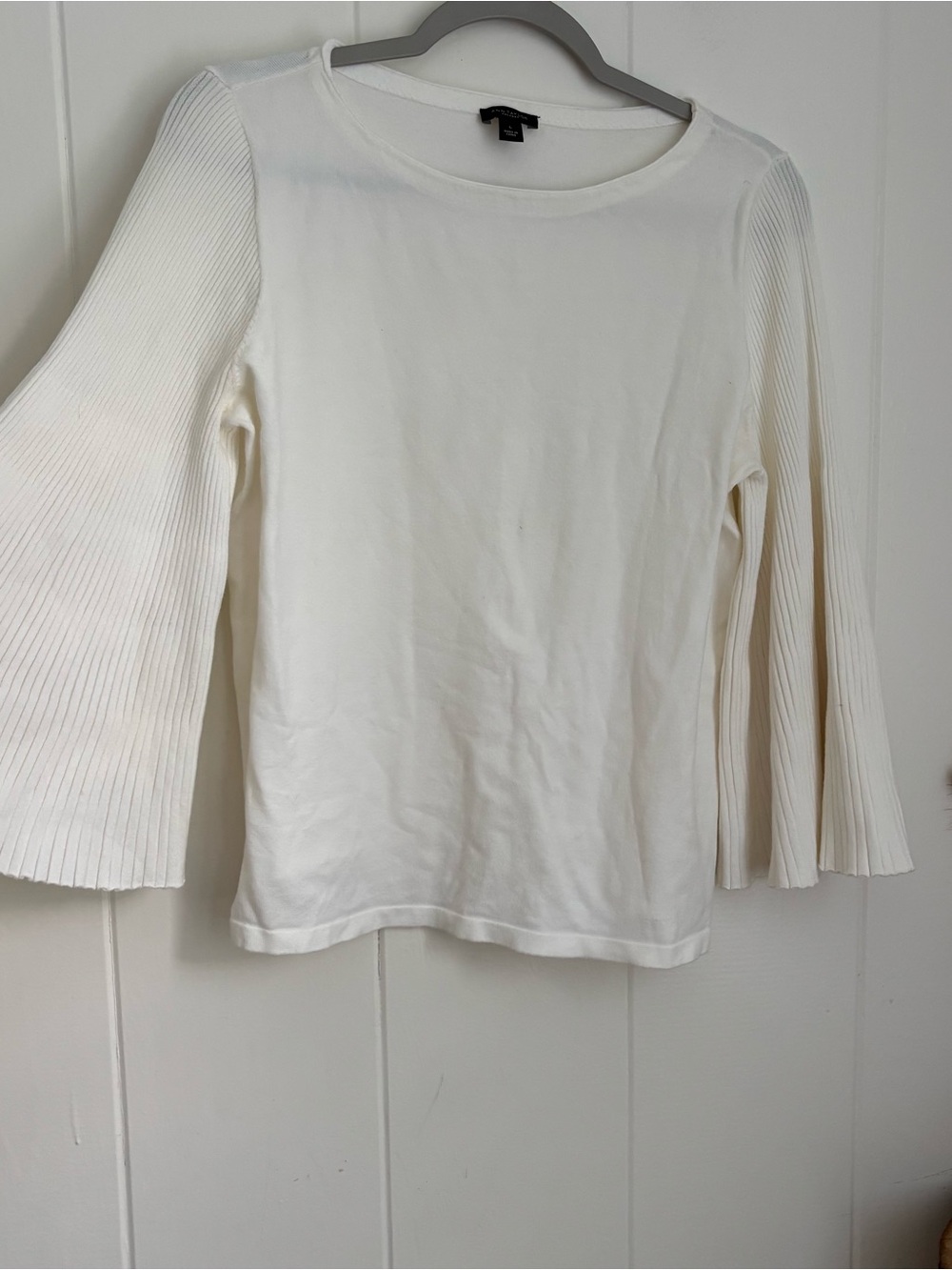 Ann Taylor Cream Ribbed Bell-Sleeve Long Sleeve Tee